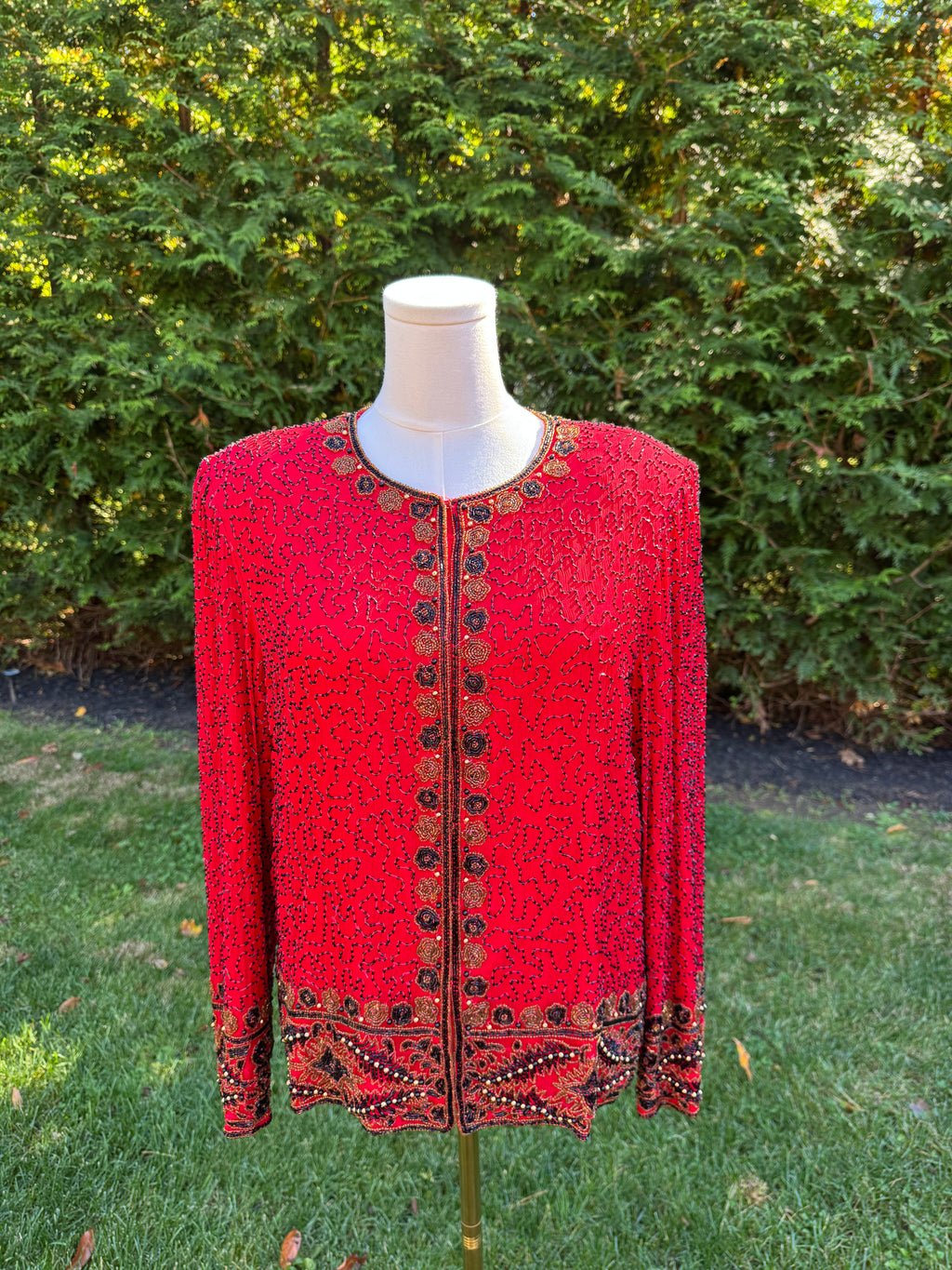 1980s Laurence Kazar 100% silk red beaded jacket