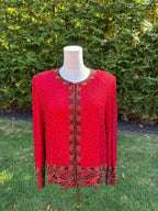 1980s Laurence Kazar 100% silk red beaded jacket