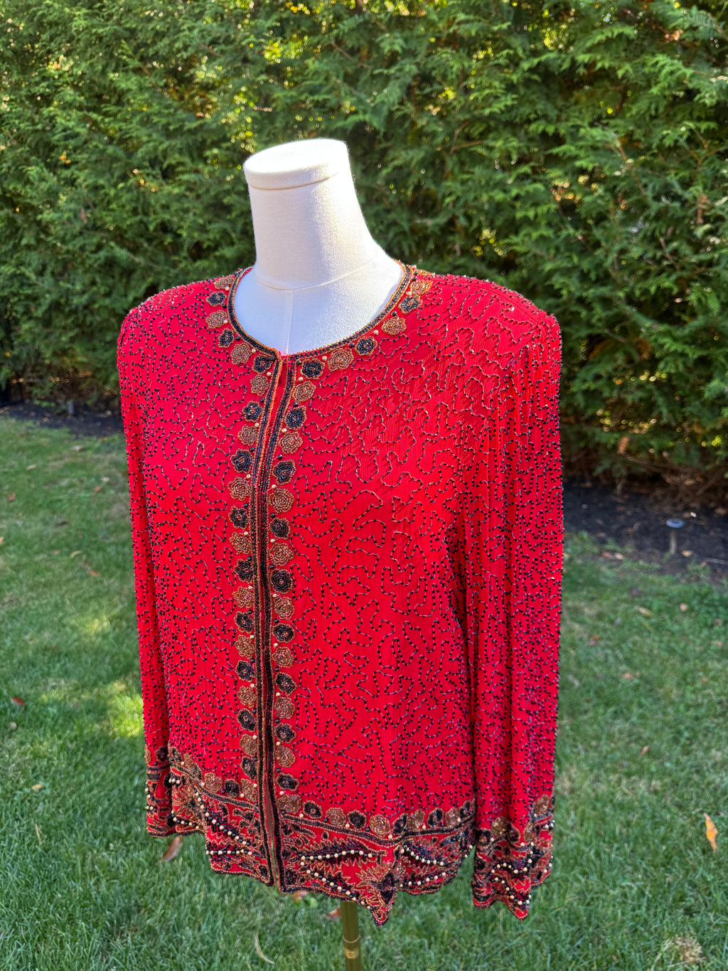 1980s Laurence Kazar 100% silk red beaded jacket