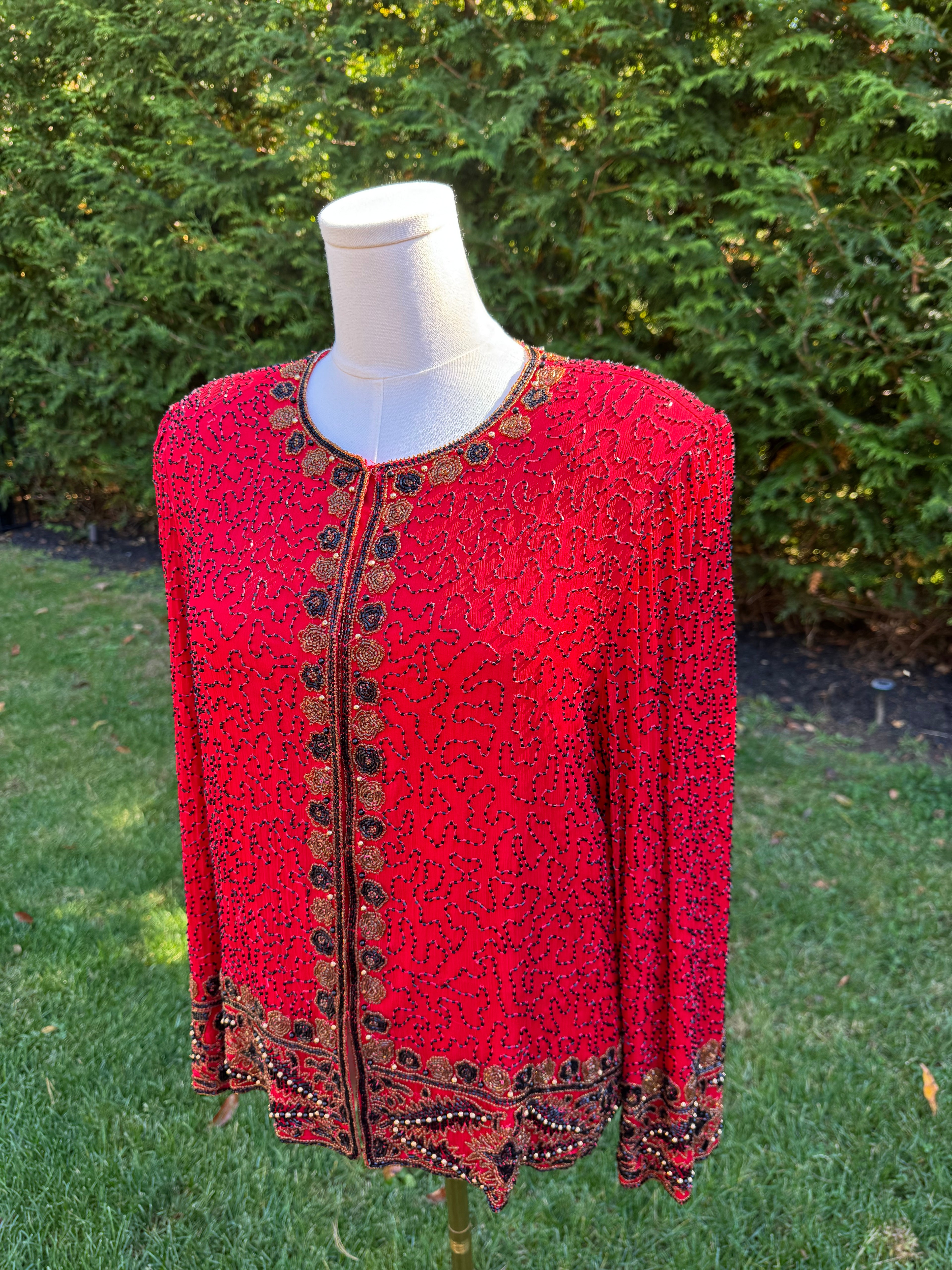 1980s Laurence Kazar 100% silk red beaded jacket