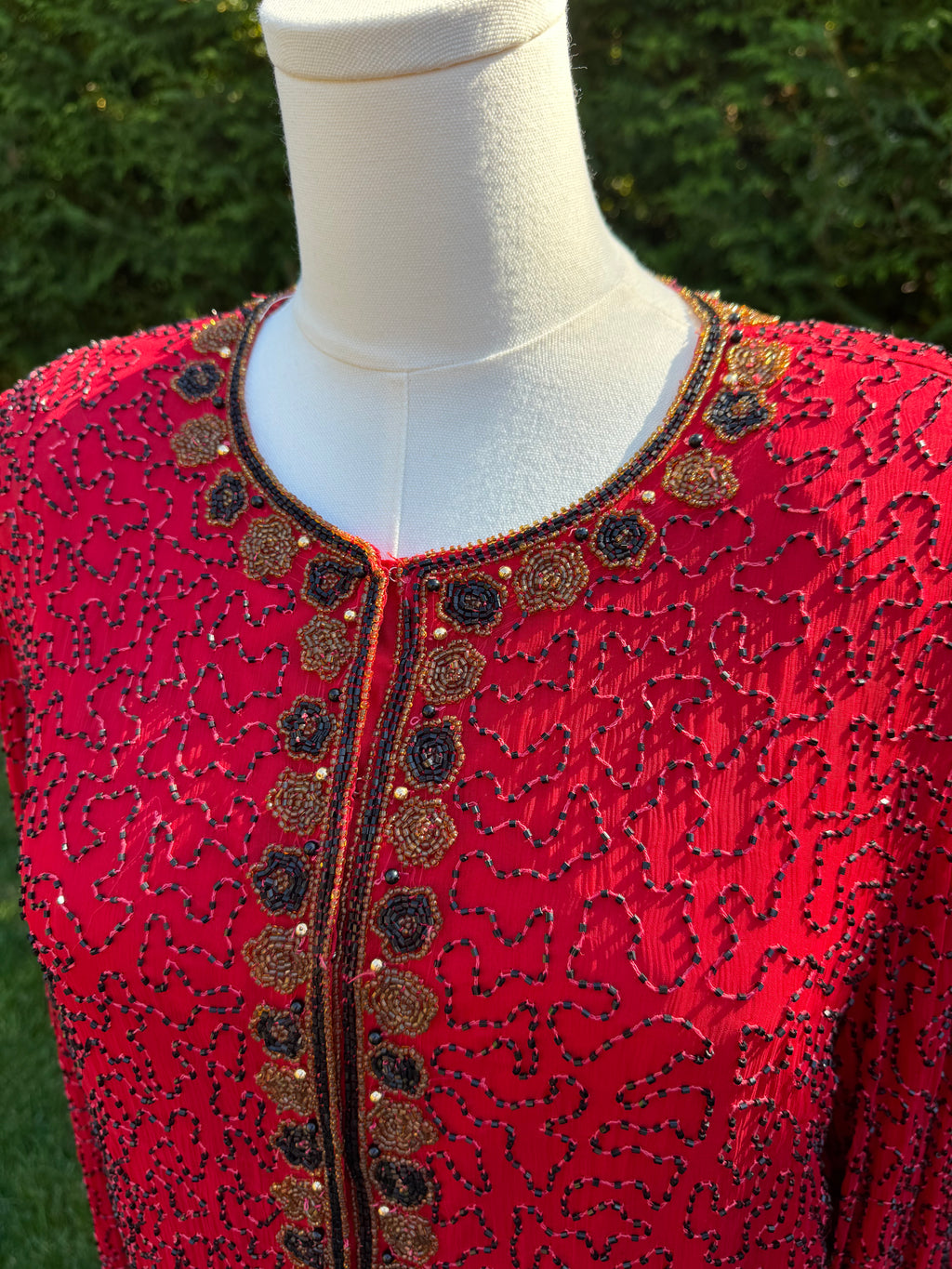 1980s Laurence Kazar 100% silk red beaded jacket