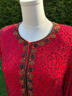 1980s Laurence Kazar 100% silk red beaded jacket
