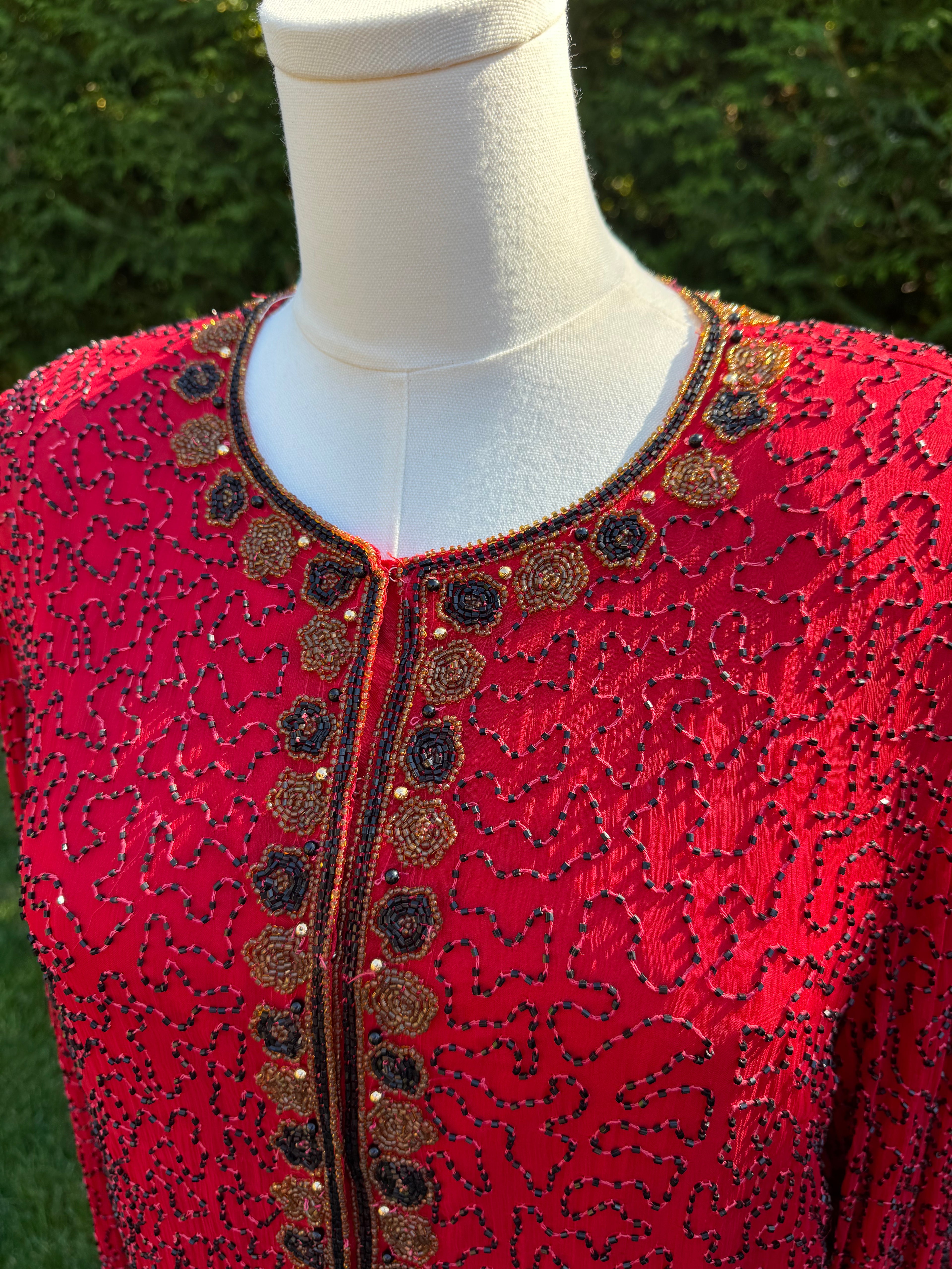 1980s Laurence Kazar 100% silk red beaded jacket