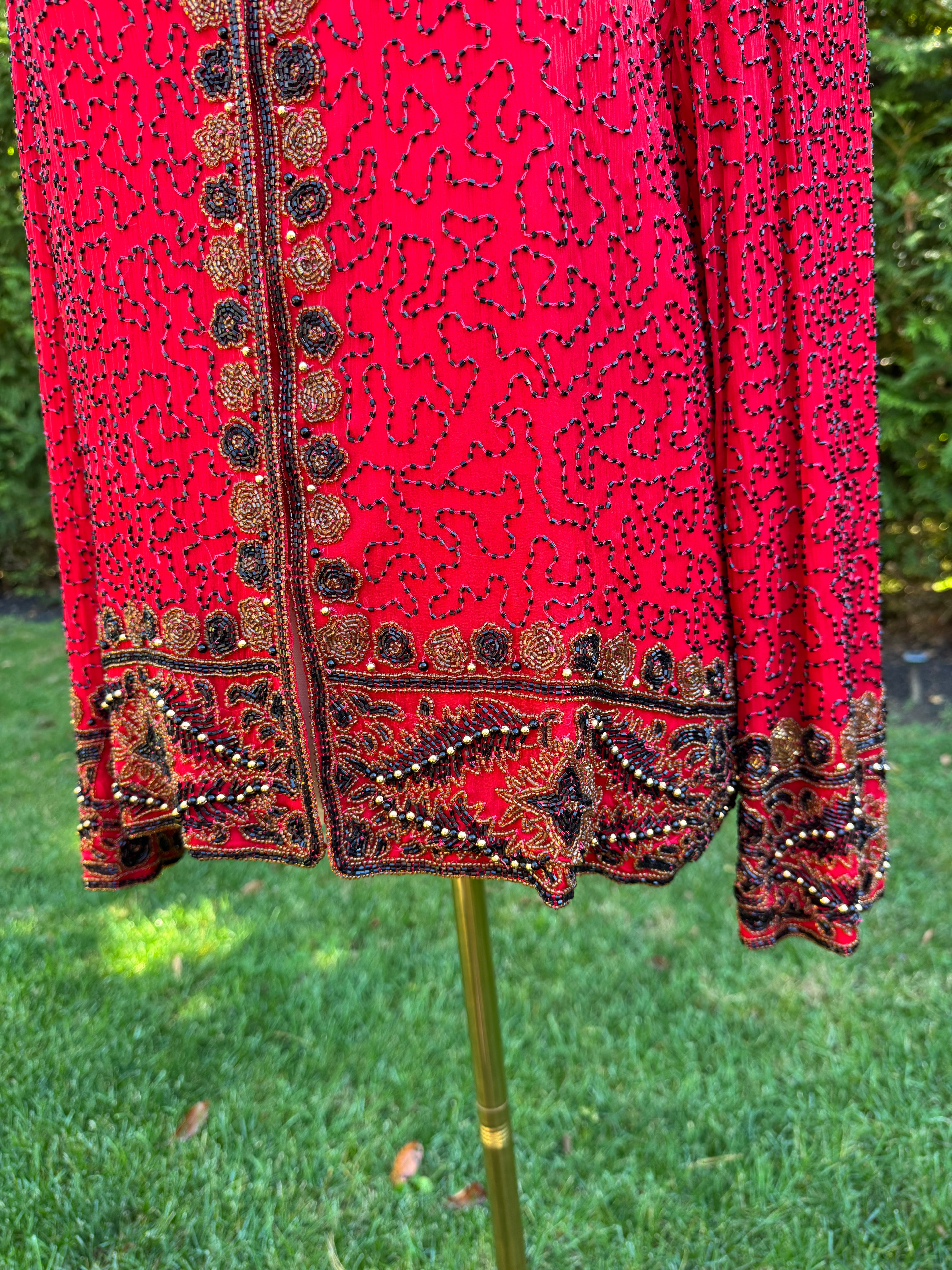 1980s Laurence Kazar 100% silk red beaded jacket