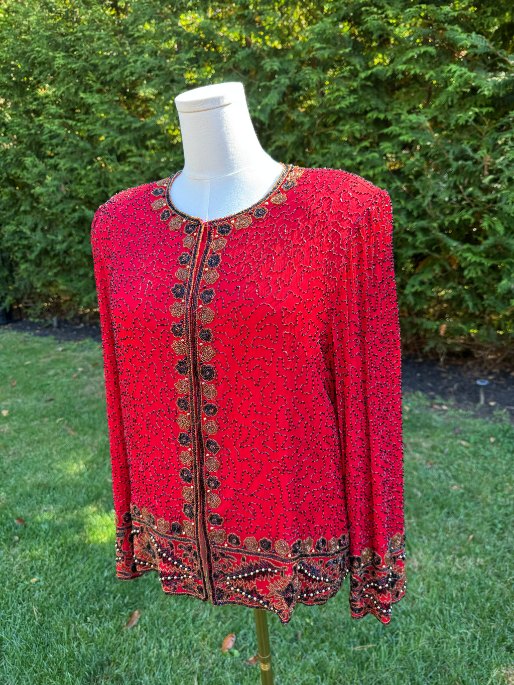 1980s Laurence Kazar 100% silk red beaded jacket