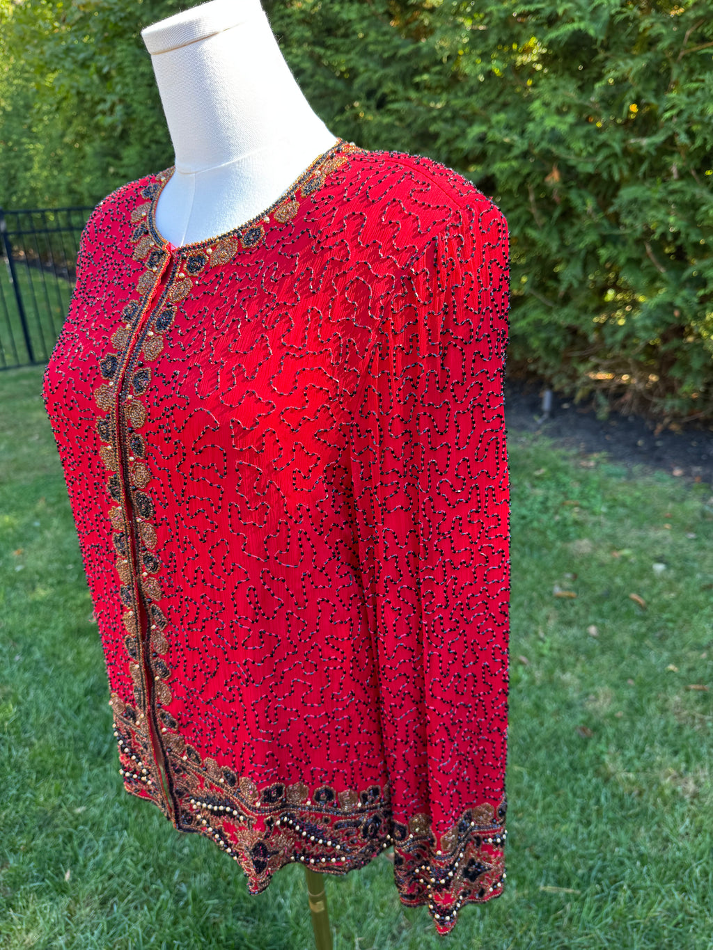 1980s Laurence Kazar 100% silk red beaded jacket