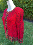 1980s Laurence Kazar 100% silk red beaded jacket