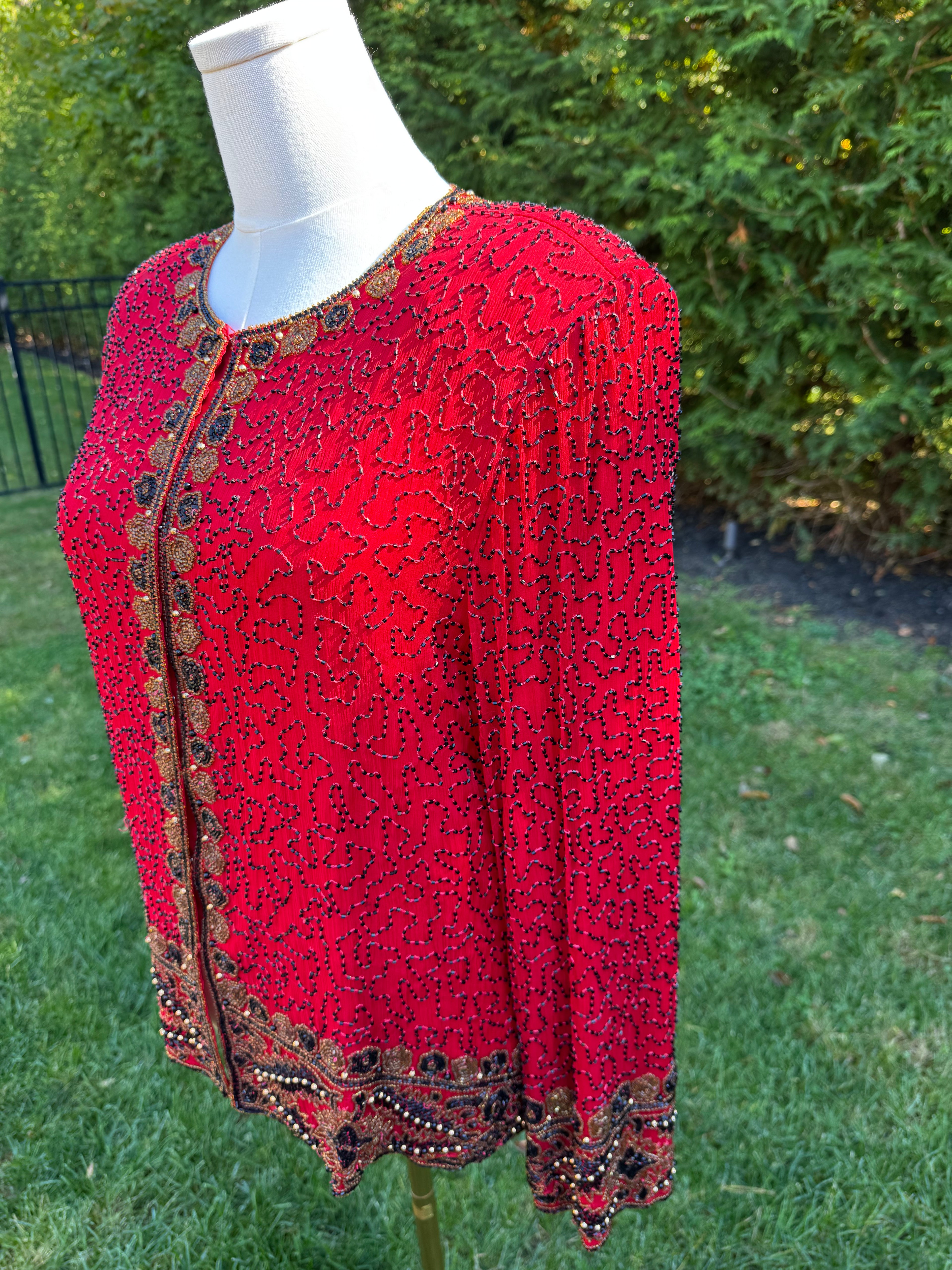 1980s Laurence Kazar 100% silk red beaded jacket