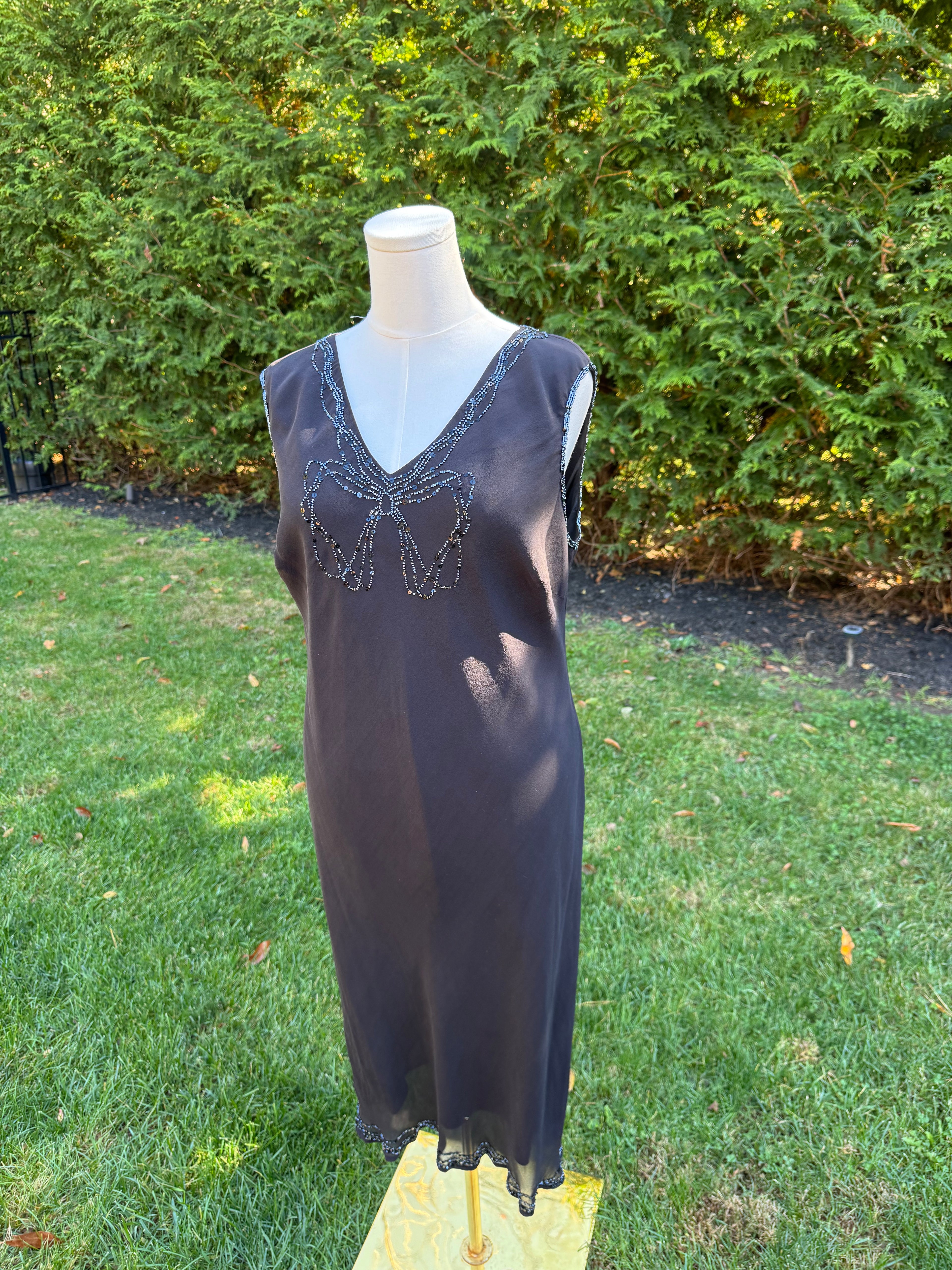 1990s 100% silk bias cut black midi with bow sequin design