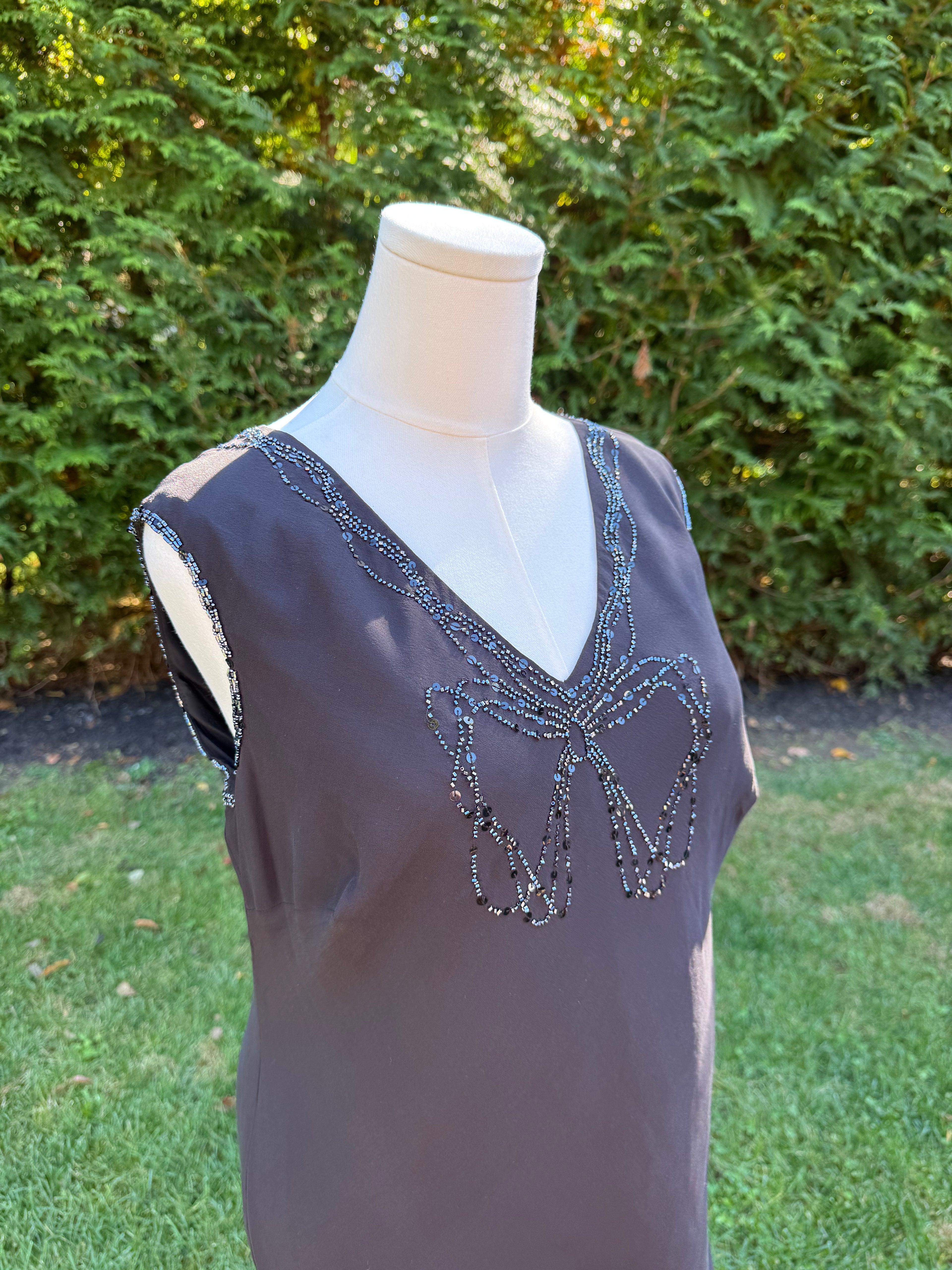 1990s 100% silk bias cut black midi with bow sequin design