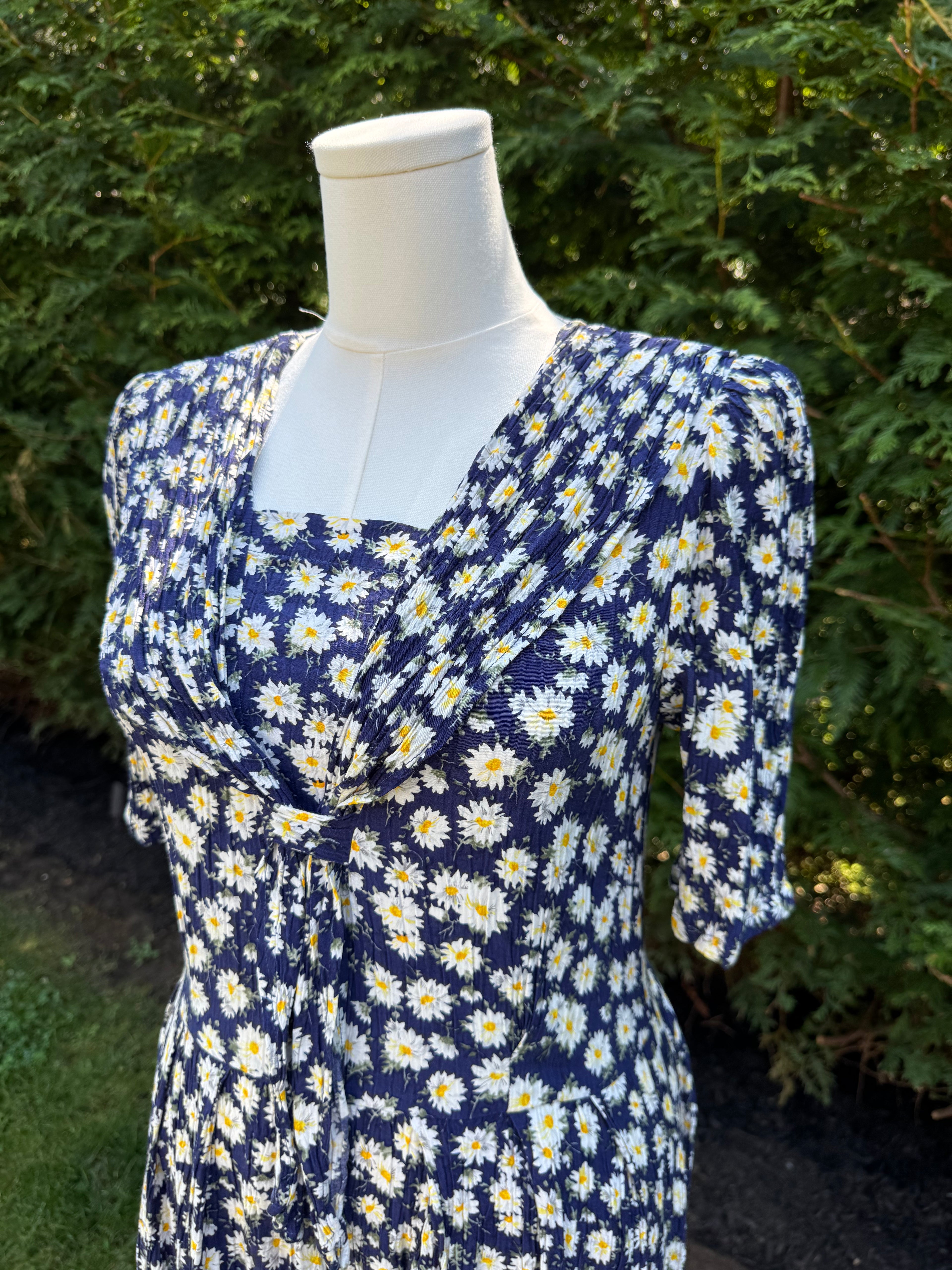 1980s blue daisy print sailor necktie dress