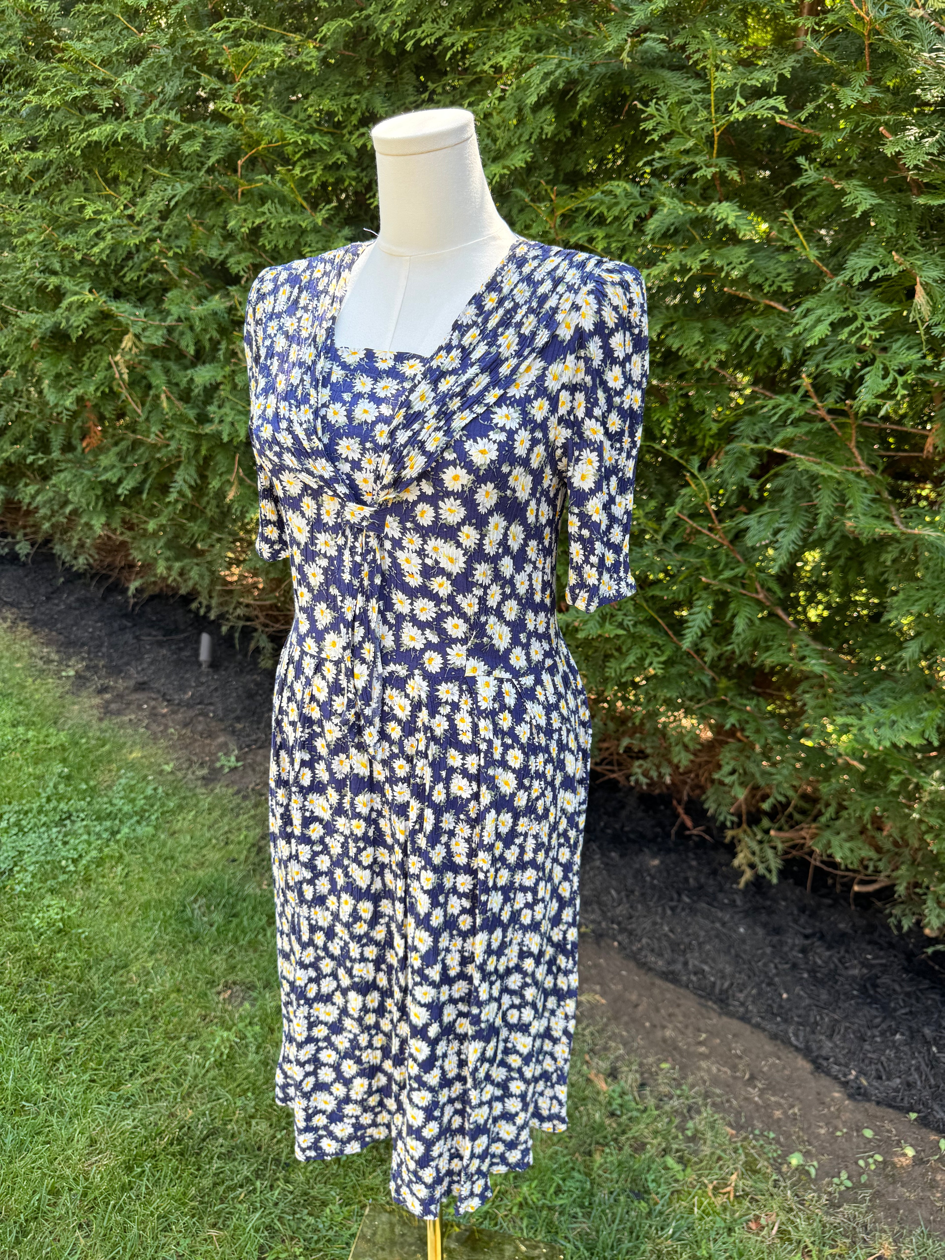 1980s blue daisy print sailor necktie dress