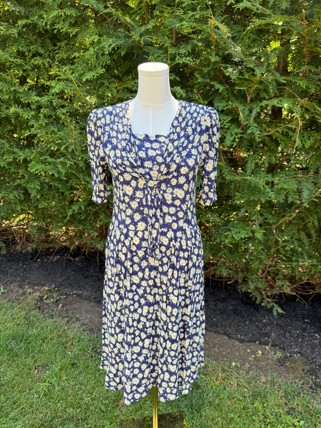 1980s blue daisy print sailor necktie dress